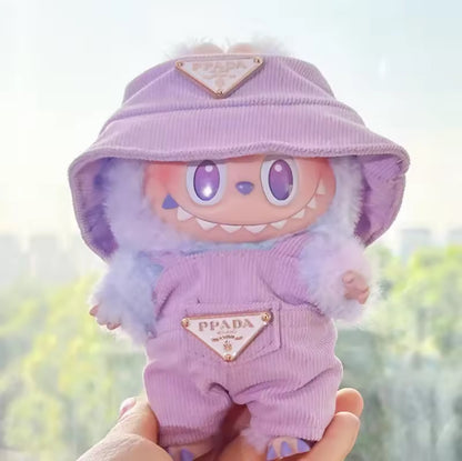 Prada Overalls and Hat Designer Fashion Kawaii Cute Doll Labubu Outfit Clothes 17cm