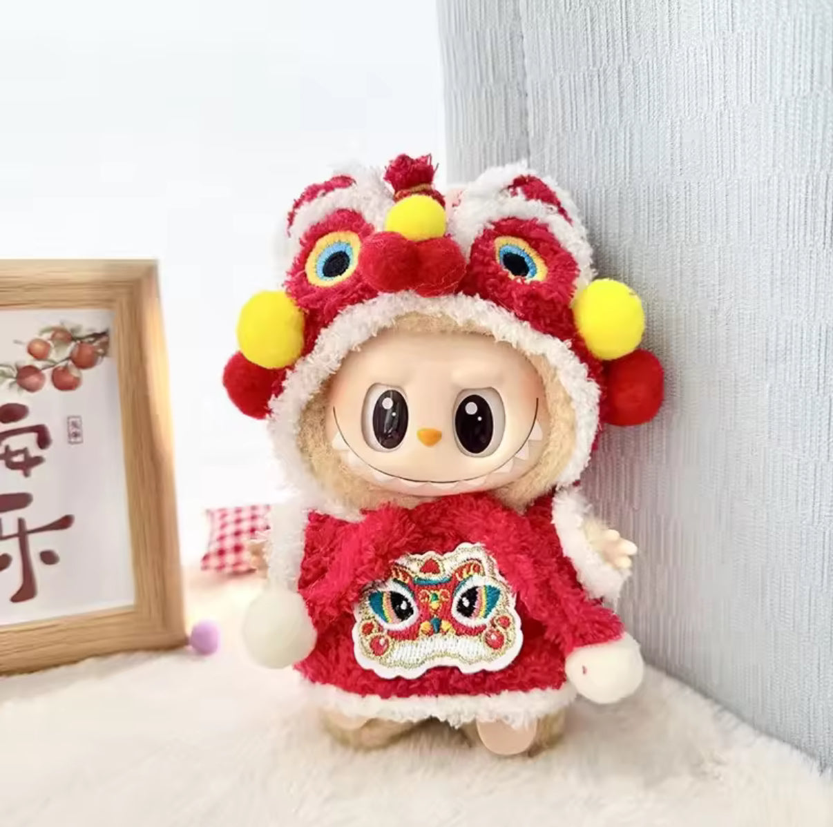Red Chinese Lion Dance Kawaii Cute Doll Labubu Anime Costume Cosplay Clothes 17cm