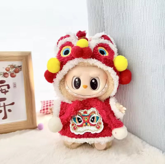 Red Chinese Lion Dance Kawaii Cute Doll Labubu Anime Costume Cosplay Clothes 17cm
