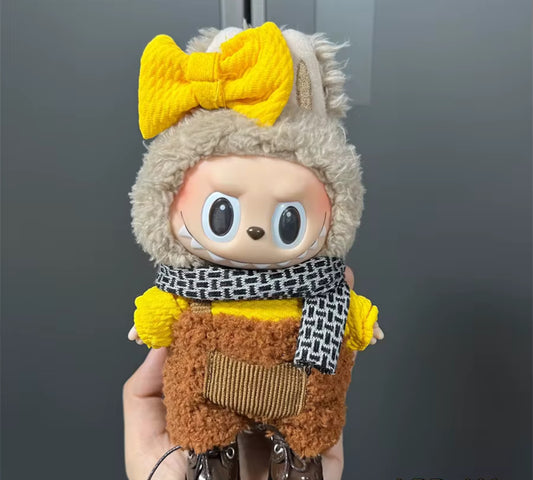 Mustard Brown Fuzzy Overalls Set with Fashion Winter Kawaii Cute Doll Labubu Outfit Clothes 17cm