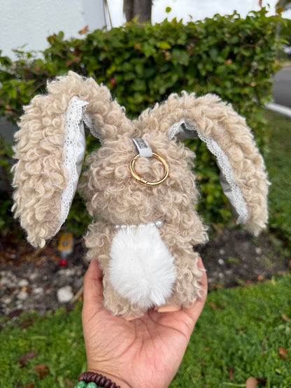 Curly Hair Bunny Rabbit Brown with Holographic Ears Custom Handmade Fluffy