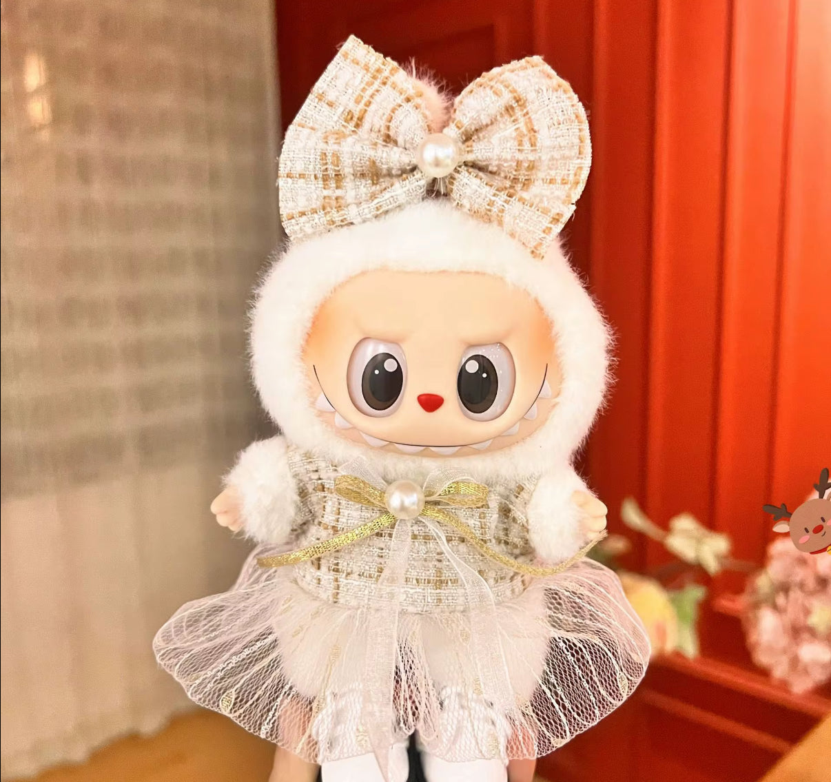 Beige Dress Fancy Fashion Designer Kawaii Cute Doll Labubu Outfit Clothes 17cm