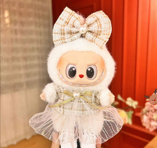 Beige Dress Fancy Fashion Designer Kawaii Cute Doll Labubu Outfit Clothes 17cm