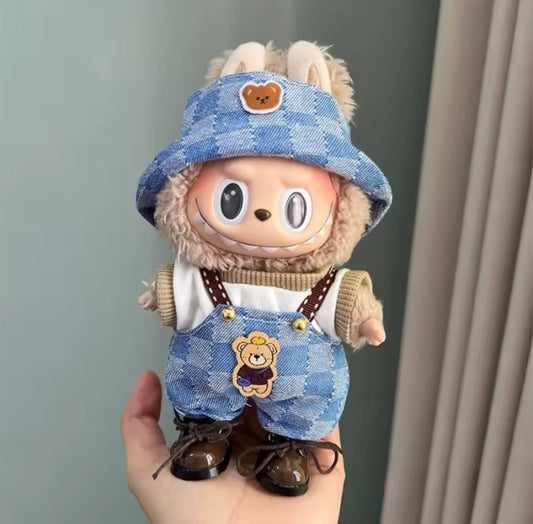 Jean Teddy Bear Checkered Overalls Kawaii Cute Doll Labubu Outfit Clothes 17cm