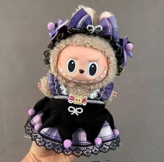 Kuromi Sanrio Purple Gothic Girl DressKawaii Cute Doll Labubu Outfit Clothes 17cm