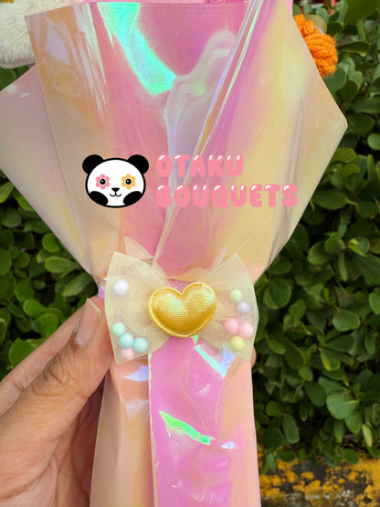 Yellow Dog X Pink Kirbie Plushie Crochet Flower Bouquet