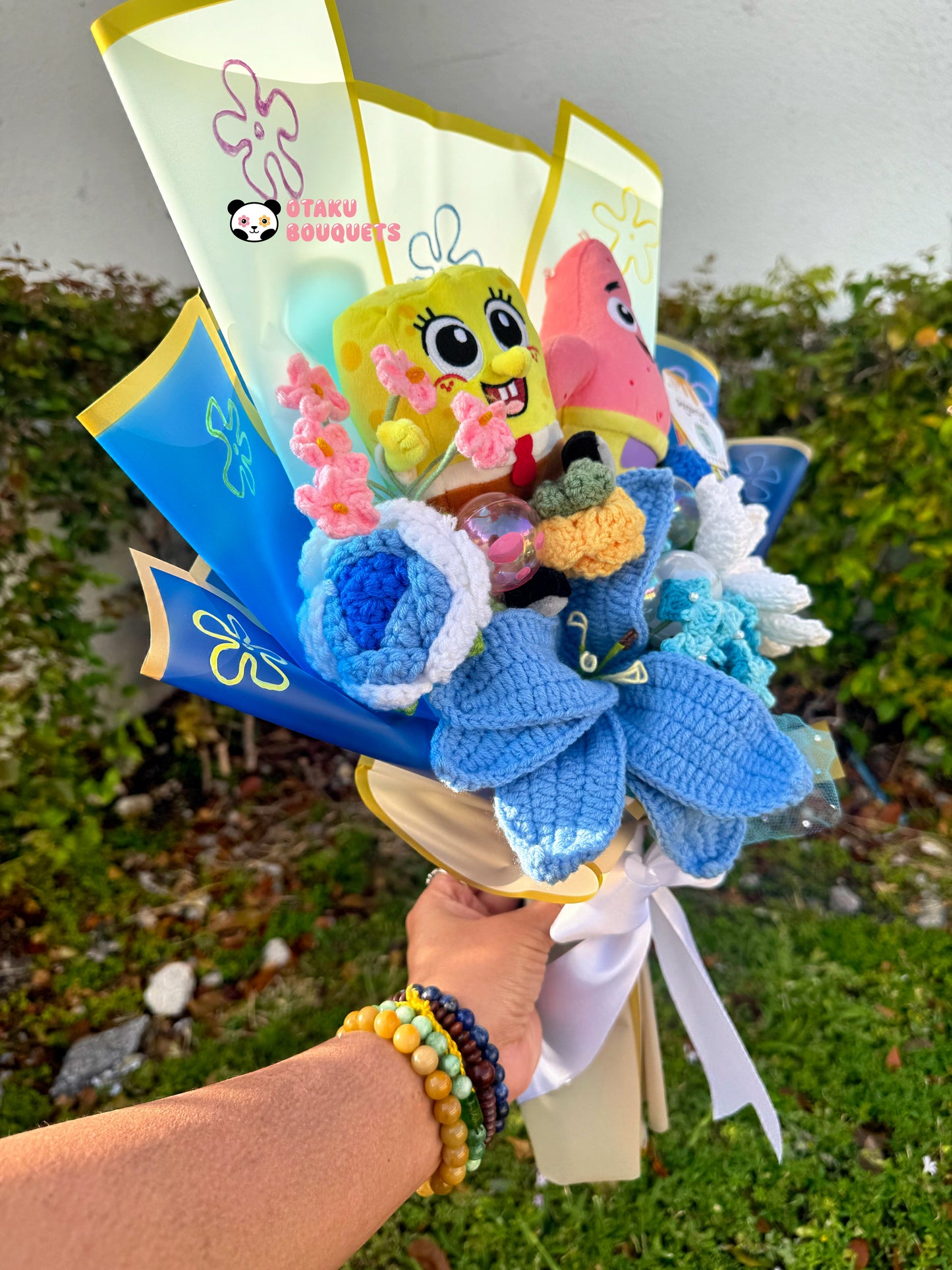 Sponge and Star Friends Plush Cartoon Crochet Flowers Bouquet