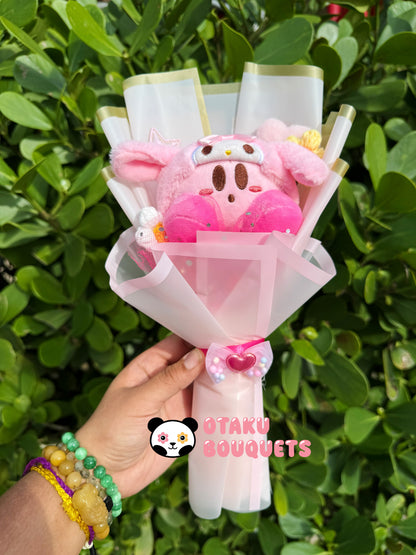 Pink Bunny Baker Kirbie Plushie Crochet Flower Bouquet