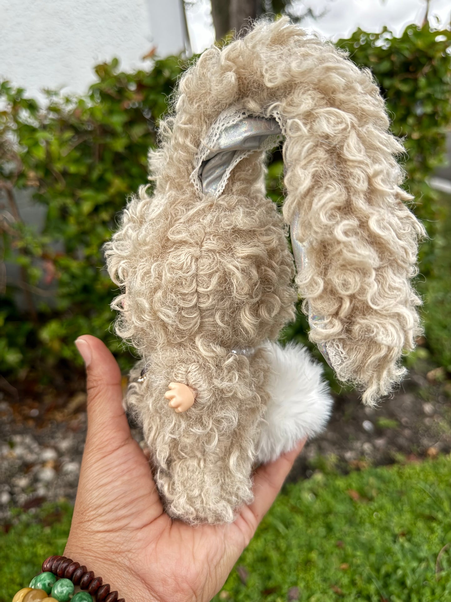 Curly Hair Bunny Rabbit Brown with Holographic Ears Custom Handmade Fluffy