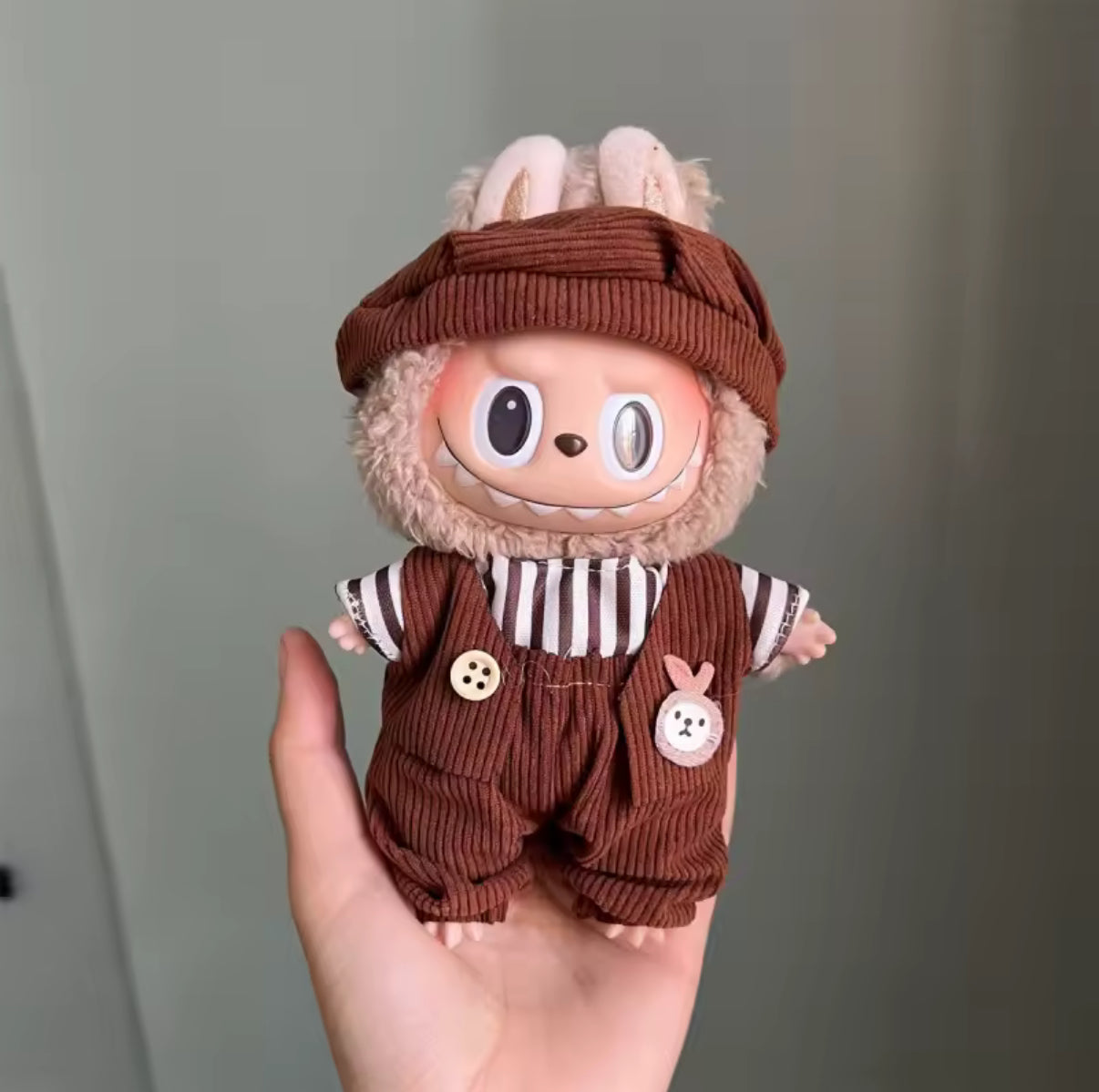 Stripped Brown Overalls Kawaii Cute Doll Labubu Outfit Clothes 17cm