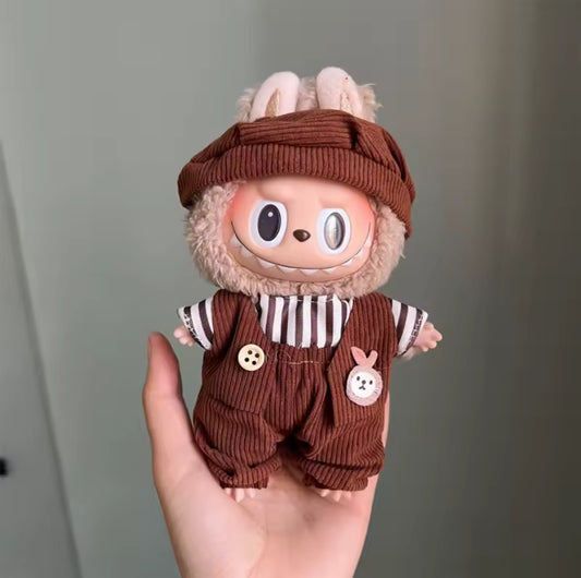 Stripped Brown Overalls Kawaii Cute Doll Labubu Outfit Clothes 17cm