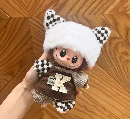 K Skirt Winter Brown Set with Purse Fashion Kawaii Cute Doll Labubu Outfit Clothes 17cm