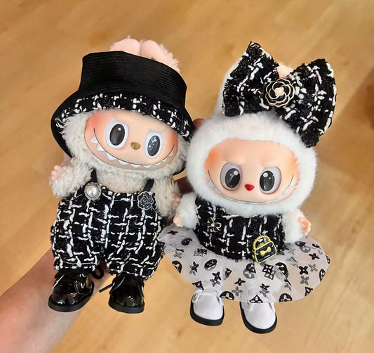 Fancy High Class Black and White Card Dress or overalls Fancy Fashion Kawaii Cute Doll Labubu Outfit Clothes 17cm