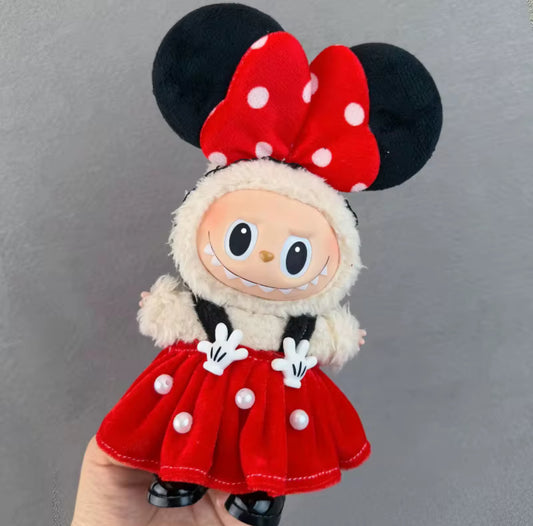 Minnie Mouse Ears Polka Dot Red Dress Kawaii Cute Doll Labubu Outfit Clothes 17cm