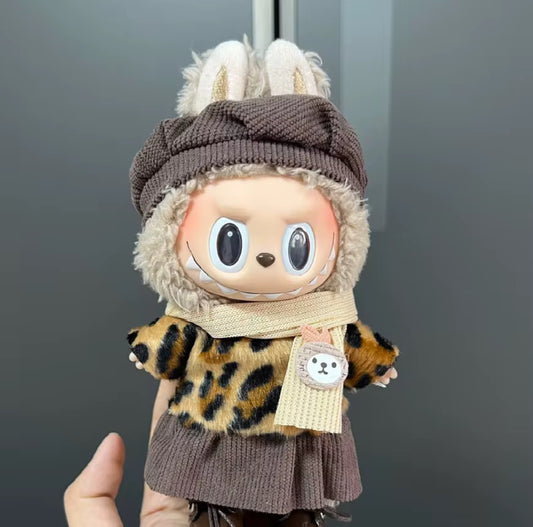 Leopard Skirt Scarf Winter Brown Fashion Kawaii Cute Doll Labubu Outfit Clothes 17cm
