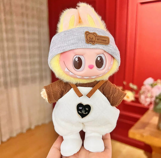 Beige Bear Headband Overalls Outfit Set Kawaii Cute Doll Labubu Outfit Clothes 17cm