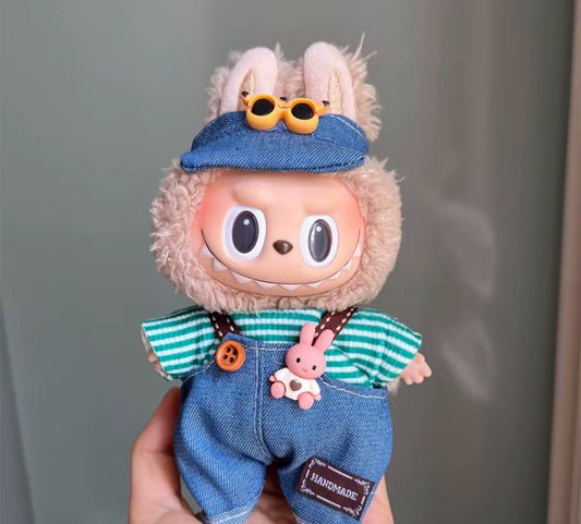 Stripped Green Shirt Jean Overalls Set with Fashion Kawaii Cute Doll Labubu Outfit Clothes 17cm