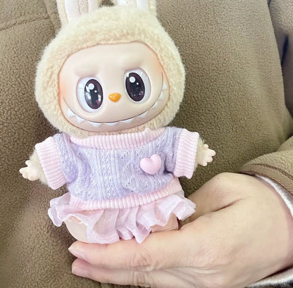 Cute Purple Pink Heart Sweater Ballerina Skirt Fashion Designer Kawaii Cute Doll Labubu Outfit Clothes 17cm