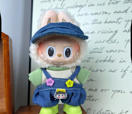 Green with Jean Overalls Outfit Set Kawaii Cute Doll Labubu Outfit Clothes 17cm