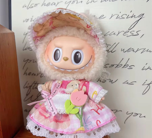 Pink and Yellow Flowery Plaid Tulip Dress Kawaii Cute Doll Labubu Outfit Clothes 17cm