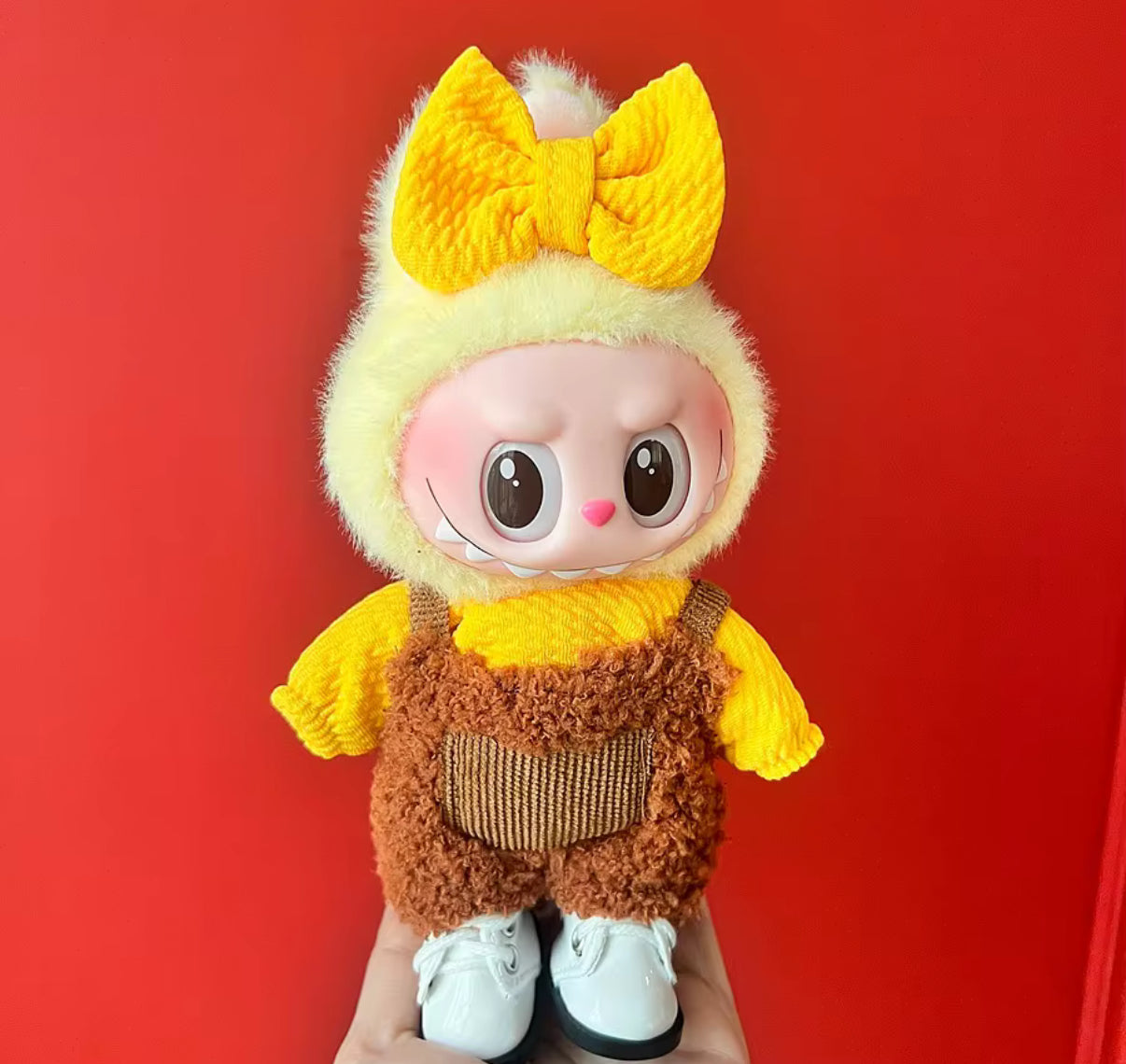 Mustard Brown Fuzzy Overalls Set with Fashion Winter Kawaii Cute Doll Labubu Outfit Clothes 17cm