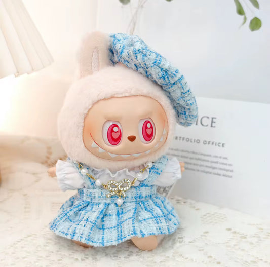 High Class Plaid Dress Fancy Fashion Designer Kawaii Cute Doll Labubu Outfit Clothes 17cm