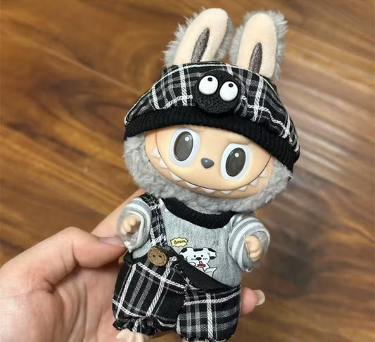 Dog Puppy Black Plaid Overalls Kawaii Cute Doll Labubu Outfit Clothes 17cm