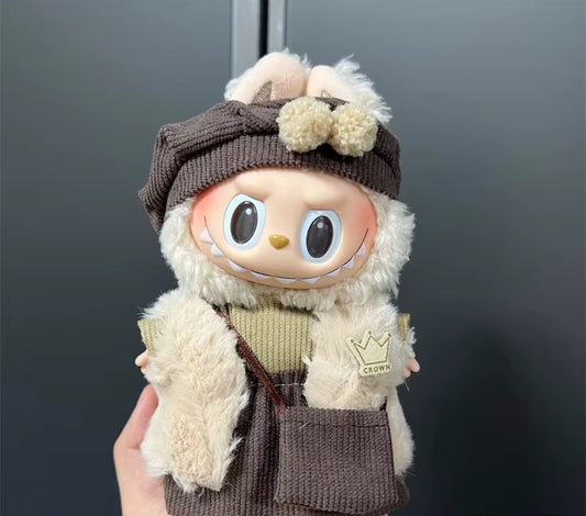Faux Fur Vest Skirt Scarf Winter Brown Set with Purse Fashion Kawaii Cute Doll Labubu Outfit Clothes 17cm