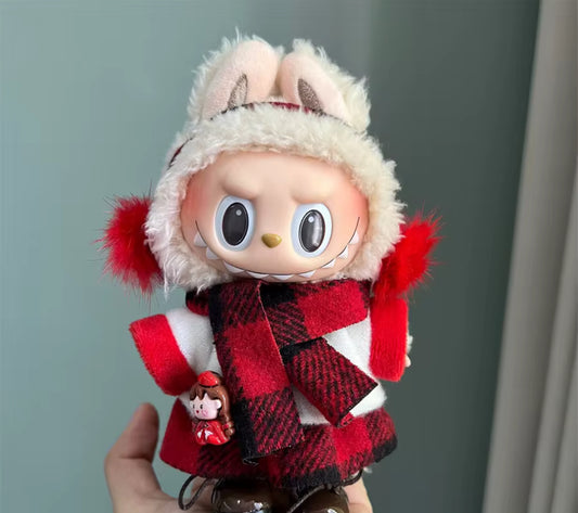Red Plaid Doll Purse Christmas Holiday Skirt Scarf Winter Set with Doll Purse Fashion Kawaii Cute Labubu Outfit Clothes 17cm