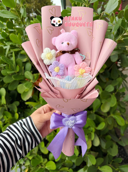 Valentine Pink Crochet Flowers Bear Plushie Bouquet