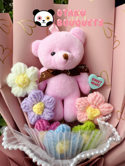 Valentine Pink Crochet Flowers Bear Plushie Bouquet