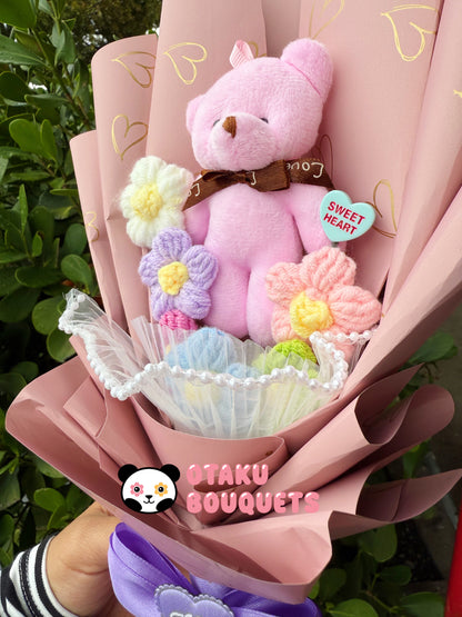 Valentine Pink Crochet Flowers Bear Plushie Bouquet