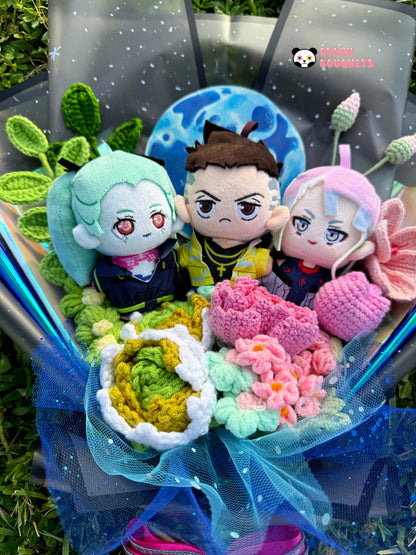 Rebecca, David and Lucy Cyber Punk Anime Plushie Crochet Flower Bouquet