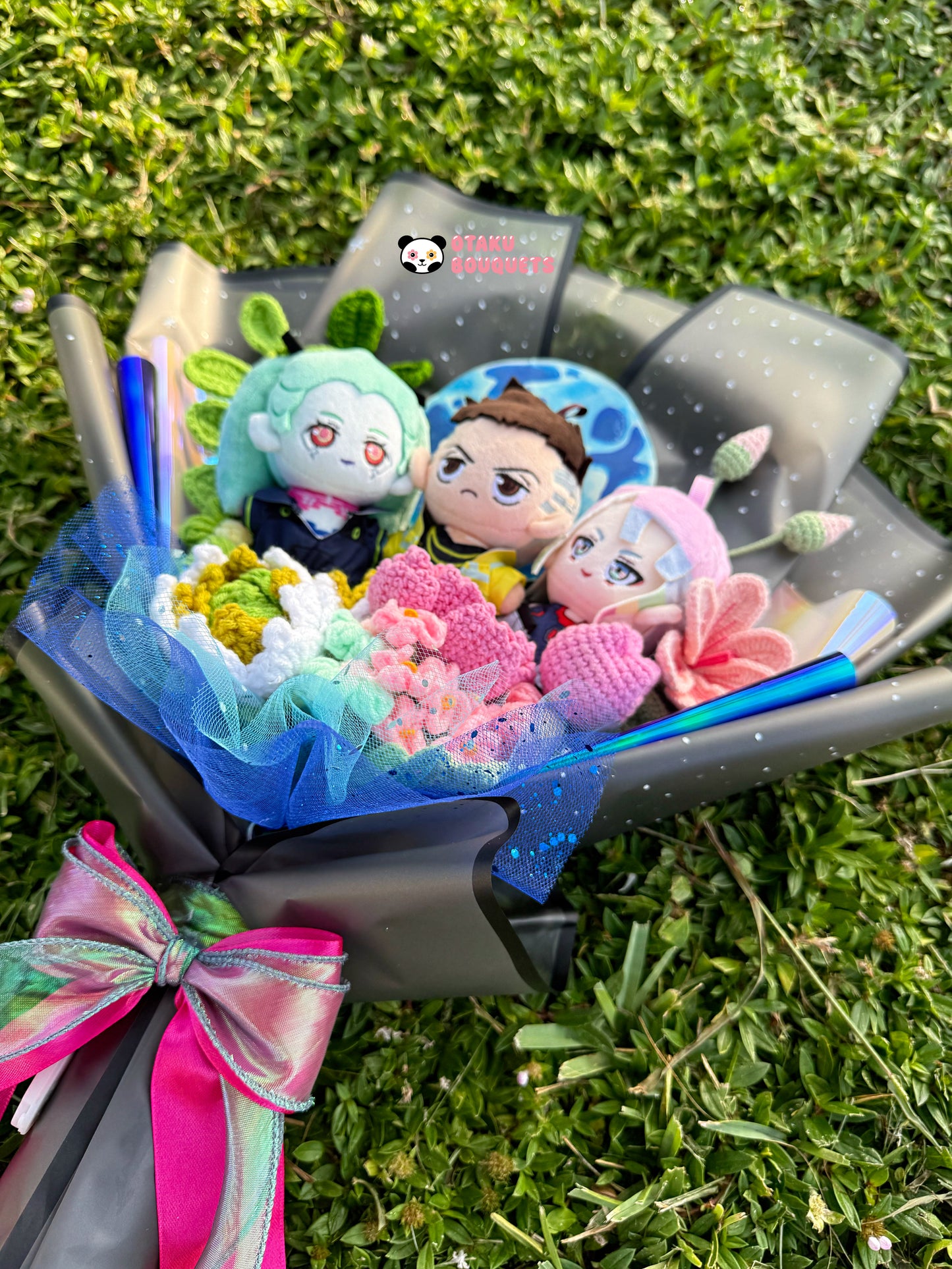 Rebecca, David and Lucy Cyber Punk Anime Plushie Crochet Flower Bouquet