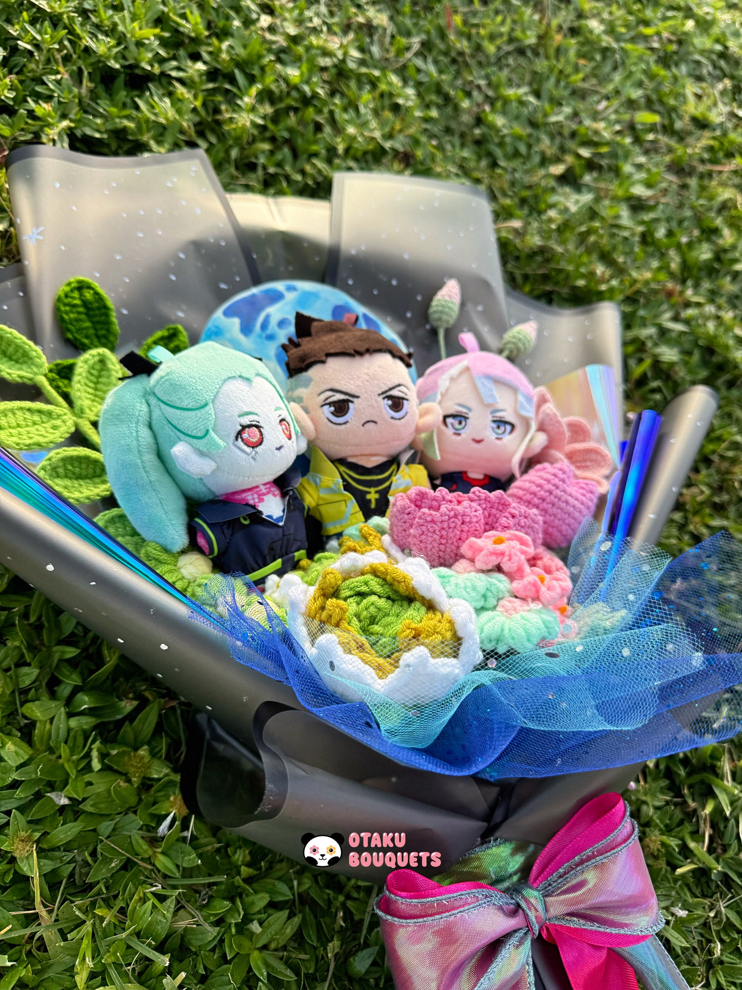 Rebecca, David and Lucy Cyber Punk Anime Plushie Crochet Flower Bouquet