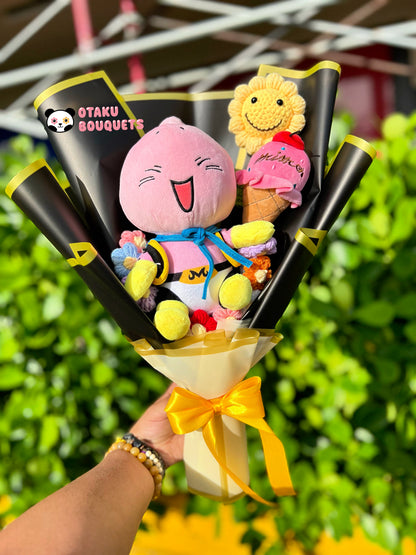 Cute Food Eating Pink Alien Anime Plushie Crochet Flower Bouquet
