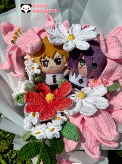 Rez and Denyi Chainsaw Hombre Anime Plushie Crochet Flower Bouquet
