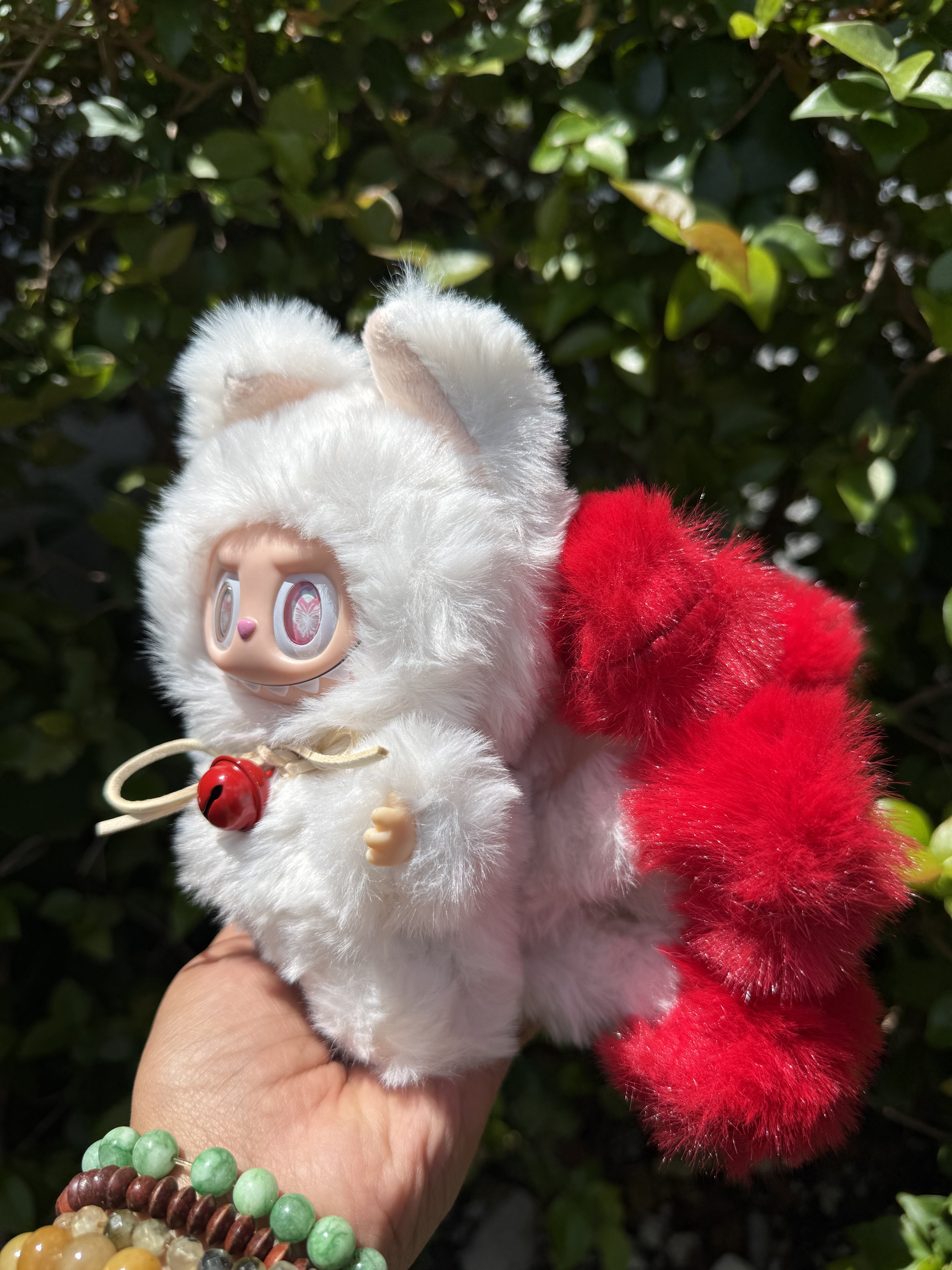 White and Red Custom Nine-tailed Handmade Fluffy Labubu