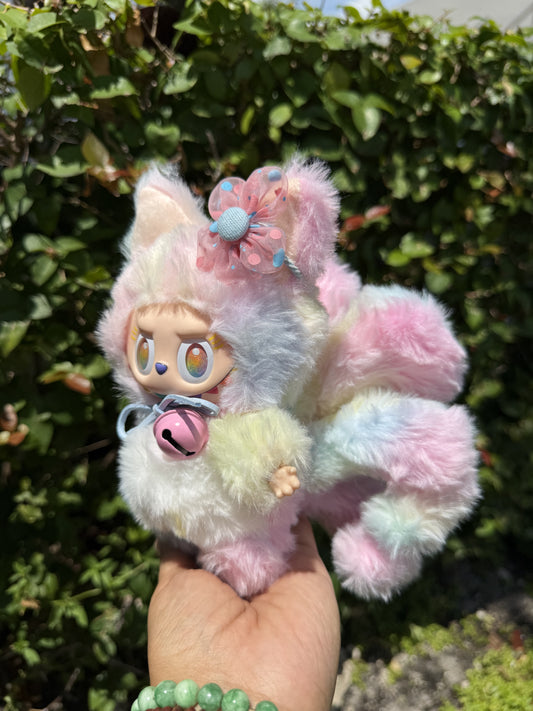 Rainbow Cotton Candy Custom Nine-tailed Handmade Fluffy Labubu
