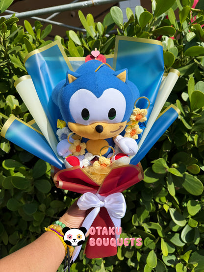 Fast Blue Hedgehog Plushie Crochet Flower Bouquet