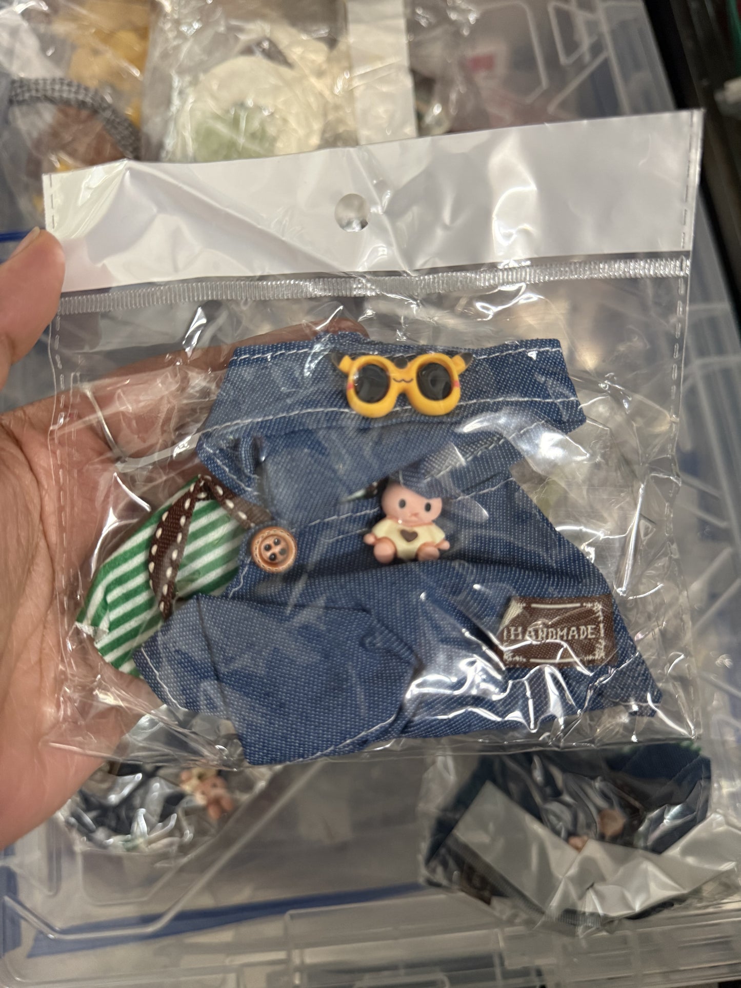 Stripped Green Shirt Jean Overalls Set with Fashion Kawaii Cute Doll Labubu Outfit Clothes 17cm