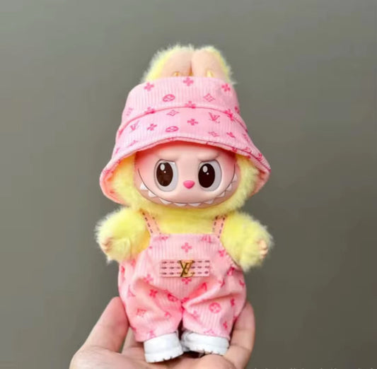 Pink Louis Vuitton Overalls Hat Designer Fashion Kawaii Cute Doll Labubu Outfit Clothes 17cm