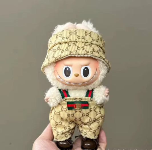 Gucci Beige Overalls Hat Designer Fashion Kawaii Cute Doll Labubu Outfit Clothes 17cm