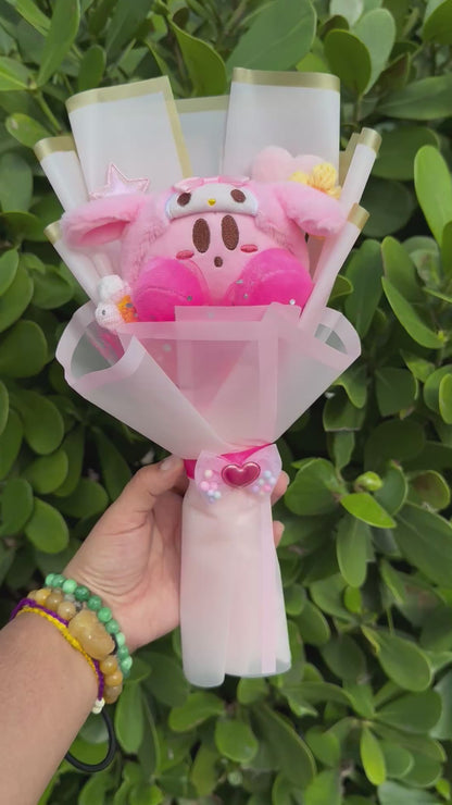 Pink Bunny Baker Kirbie Plushie Crochet Flower Bouquet