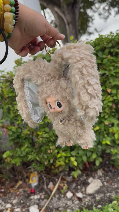 Curly Hair Bunny Rabbit Brown with Holographic Ears Custom Handmade Fluffy