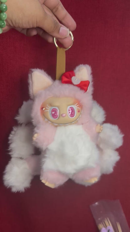 Bedazzled Pink Custom Nine-tailed Hearts Handmade Fluffy Labubu
